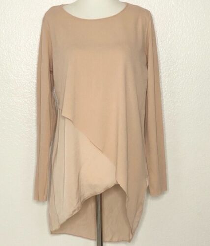 ZARA Damen Beige Mesh Kontrast Pullover Bluse Gr. Large U-Boot-Ausschnitt A-symmetrisch
