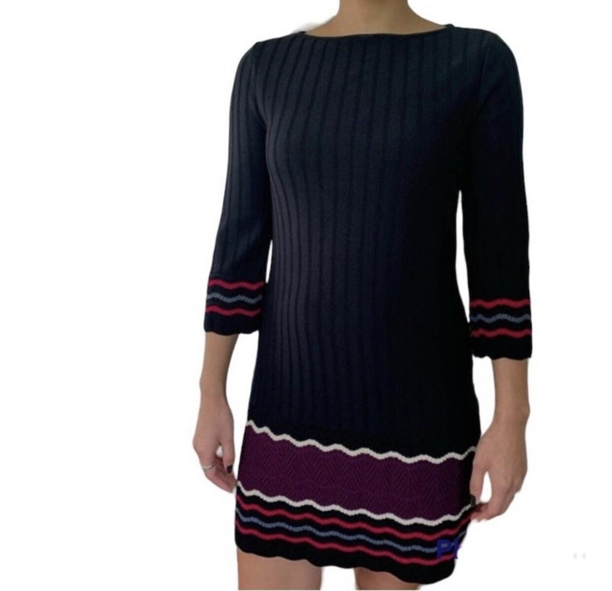 Nine West Sweater Dress LARGE Pullover 3/4 Bell Sleeve Stripes Black Purple