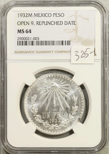 1932 Mo Mexico Peso Open 9 Repunched Date NGC MS64 Tough Variety Low Pop! #1-003