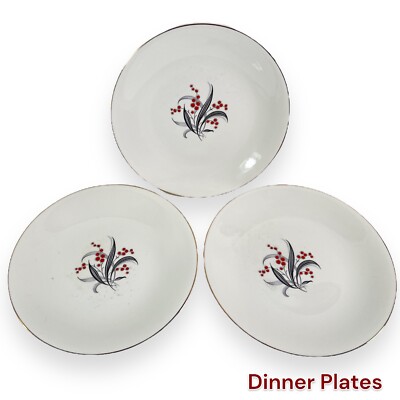 Vintage Wedgwood Three Dinner Plates WW4 Black Grey Leaves Red Floral Gold Trim