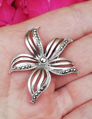 Broche Ancienne Pendentif Fleurs En Argent Massif Et Marcassites - Parfait état - Occasion