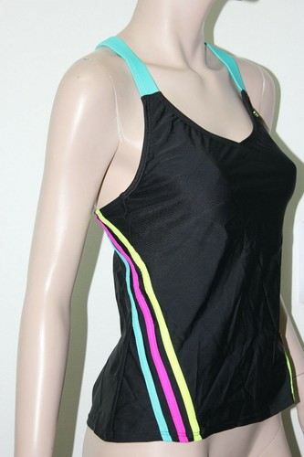 New Adidas Piped Crossback Solid Tankini Swimsuit Top Black Size 10 - Picture 2 of 9