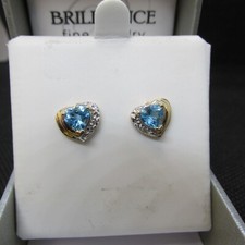 Heart Shaped Blue Topaz w/Diamond Accent Earrings 14K Yellow Gold
