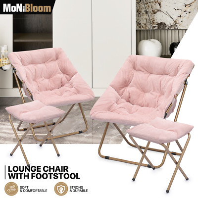 Pink 2 Pcs Folding Faux Fur Moon Saucer Chair Metal Frame Lounge Chair w/Ottoman