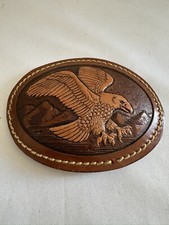 HAND MADE TOOLED LEATHER FLYING EAGLE BELT BUCKLE OVAL ARTISAN HANDCRAFTED