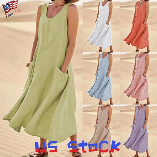 Damen Leinen Ärmellos Maxikleid Damen Tank Taschen Sommer Sommerkleid⭐ - Bild 2 von 26