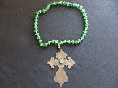 X-LG HUDSON BAY FUR TRADE SILVER CROSS, ON TRADE BEAD NECKLACE
