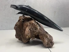John Perry Fin Whale & Calf on Burl Wood Art Sculpture Marine Life Figurine