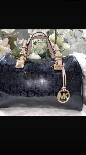 Michael Kors Black Beige Logo Satchel Zip Gold Hardware Charm Bottom Studs - Picture 4 of 15