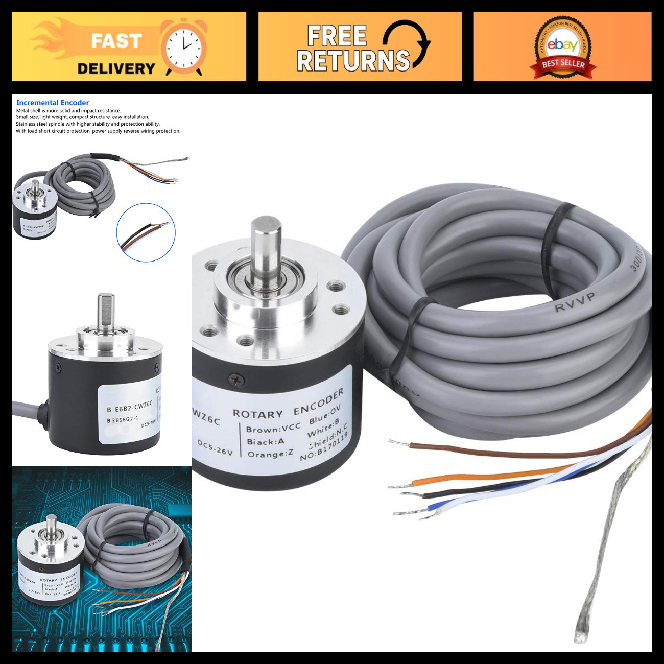 Incremental Rotary Encoder 1024P/R, Quick Response, Wide Voltage DC5~26V, φ38mm