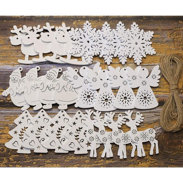 Holz AnhäNger Weihnachtsbaum Deko Christbaumschmuck Elch Schneeflocke 24 StüCk-image