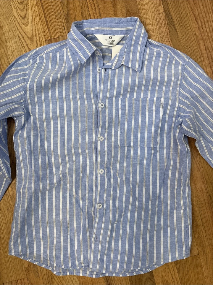 New H&M Boys Linen blend Shirt Size 10 Blue & White Stripes - Image 2 of 4