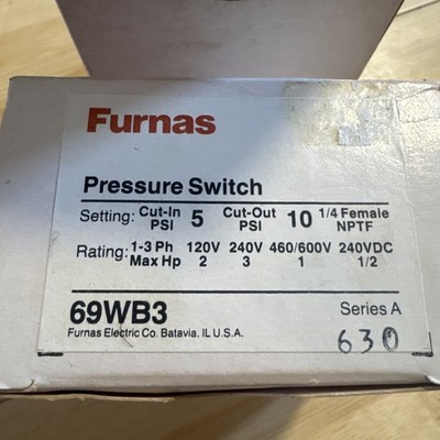 Furnas Pressure Switch 69WB3 Cut in 5 psi Cut out 10 ORIGINAL NEW