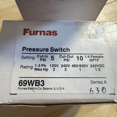 #ad #ad Furnas Pressure Switch 69WB3 Cut in 5 psi Cut out 10 ORIGINAL NEW $89.00