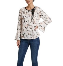 Cream Floral Blouse with Black Ribbon Tie & Ruffle Collar Size 8-10 UK