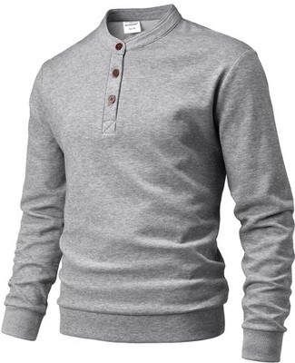 Mens Fleece Sweatshirt Henley Pullover Long Sleeve Shirt Cotton Basic Fleece P...