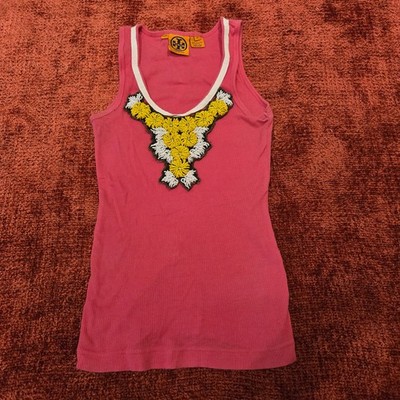 Tory Burch Ribbed Tank Top XS Pink Floral Beaded Neckline Bow Back Desert Blooms