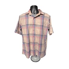 Vintage Plaid Short Sleeve Button-Down Shirt Tan Red Blue L 1990s