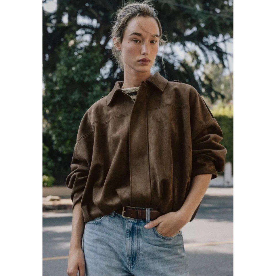 Chaqueta Bomber ZARA Marrón Imitación Gamuza Gran Tamaño Talla Pequeña Nueva Con Etiquetas Foto 4 de 4