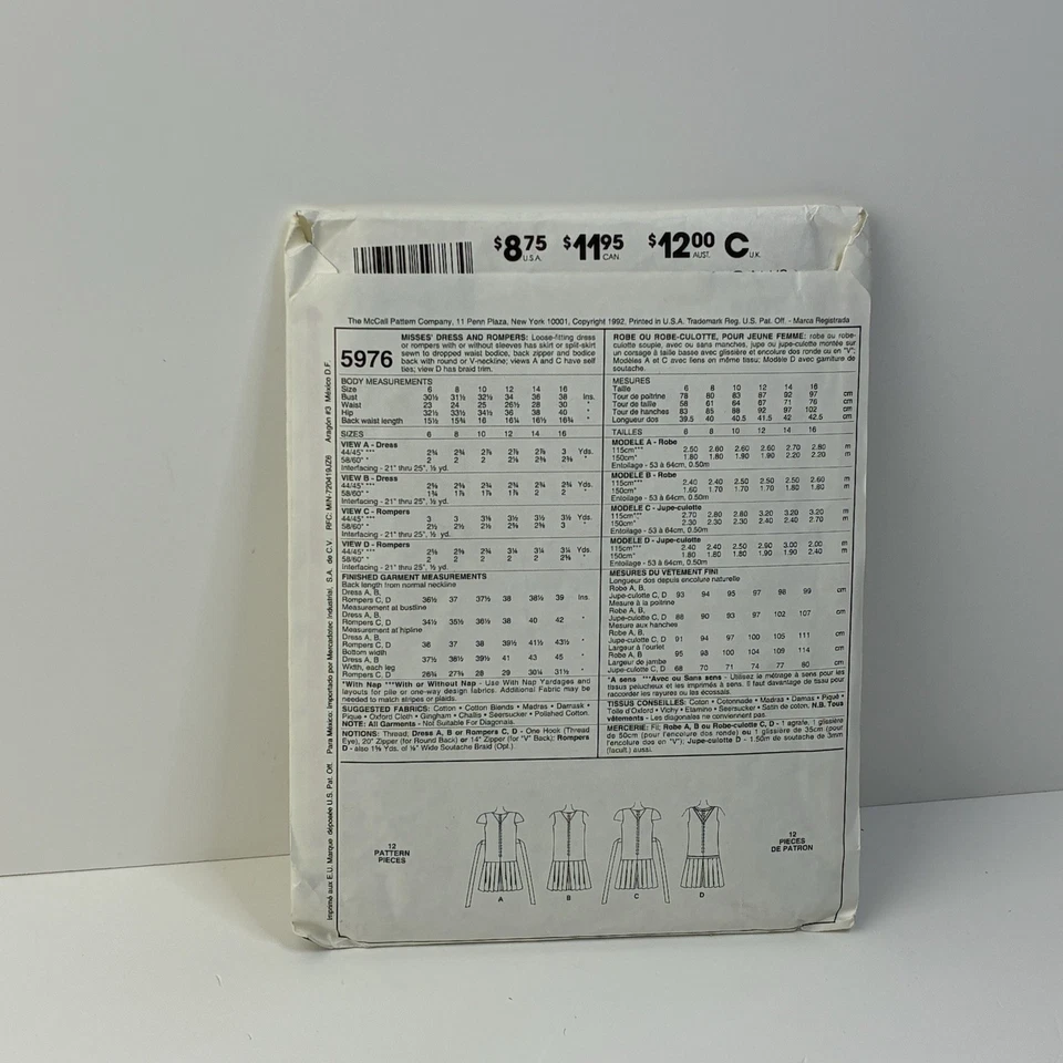 Romper Dress Size 10 Loose Split Skirt Drop Waist UNCUT Pattern 5976 Vtg 90s - Image 2 of 2