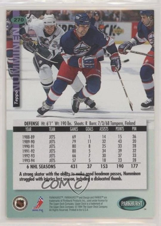 1994-95 Parkhurst Teppo Numminen #270 - Image 2 of 2