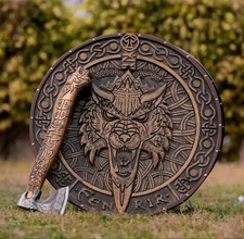 Custom Handmade Viking Axe and Shield Set Engraved Norse Inspired Wall Display.