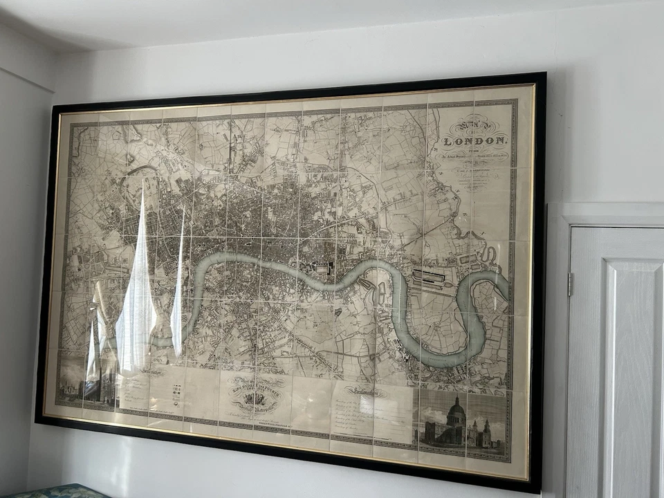 Greenwood's Map of London Blue River circa 1827 enmarcado negro envejecido 81”x53” Foto 2 de 4