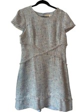 Eliza J short-sleeve tweed shift mini dress with fringe details Size 12