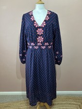 Boden Navy Blue Embroidered Midi Dress UK 16L Boho