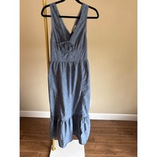 American Eagle Midi Dress Chambray Lace Trim Smocked Back L Milkmaid Coquette