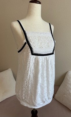Anthropologie Akemi + Kim Tank Top Women's Small White Black Trim Smocked Cotton