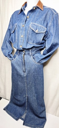 Vestido largo recto de mezclilla azul vintage Bloomingdales con cuello de cuero talla 10 - Imagen 2 de 8