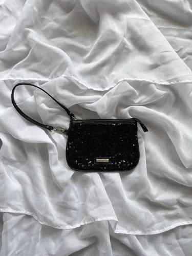 Nine West Black Paillettes Wristlet Borsa pochette portafoglio Y2K