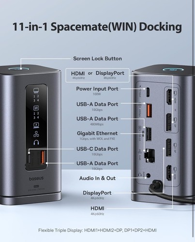 Stacja dokująca Baseus, Spacemate (Win) 11 w 1, potrójny wyświetlacz, kosmiczna szarość 4K - Zdjęcie 2 z 15
