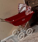 Vintage Red & White PRAM Baby Carriage Stroller with vinyl Canopy, Metal/Plastic — photo 6