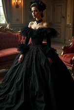 Black Gothic Wedding Dress Ruffles Off Shoulder Long Sleeves Vintage Bridal Gown
