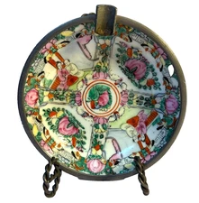 Rose Medallion Encased In Pewter Ash Tray Trinket Dish, Hand Painted