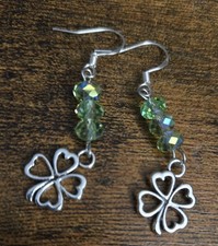 St. Patrick's Four Leaf Clover Earrings Green Crystals Sterling Silver Hooks 925