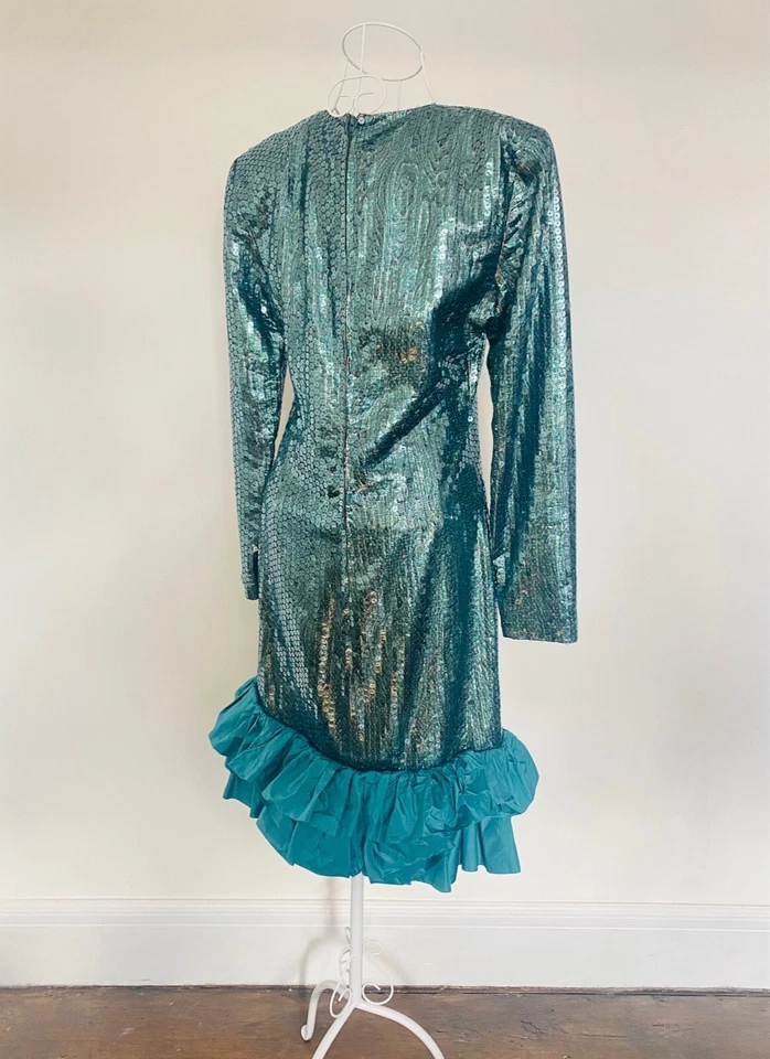 Vestido de cóctel vintage Lanvin Paris años 80 lentejuelas verde azulado francés 38 Foto 4 de 4