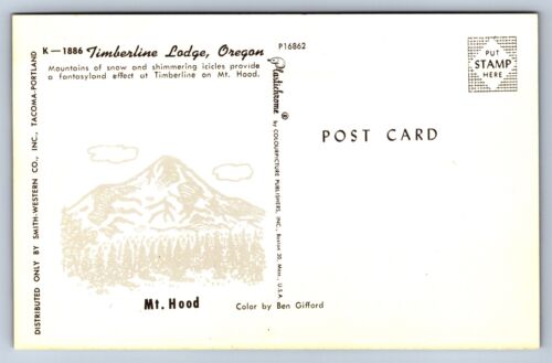 Postcard Oregon OR Timberline Lodge Snow Covered Old Cars People Ski Bus Sunny - Picture 2 of 2