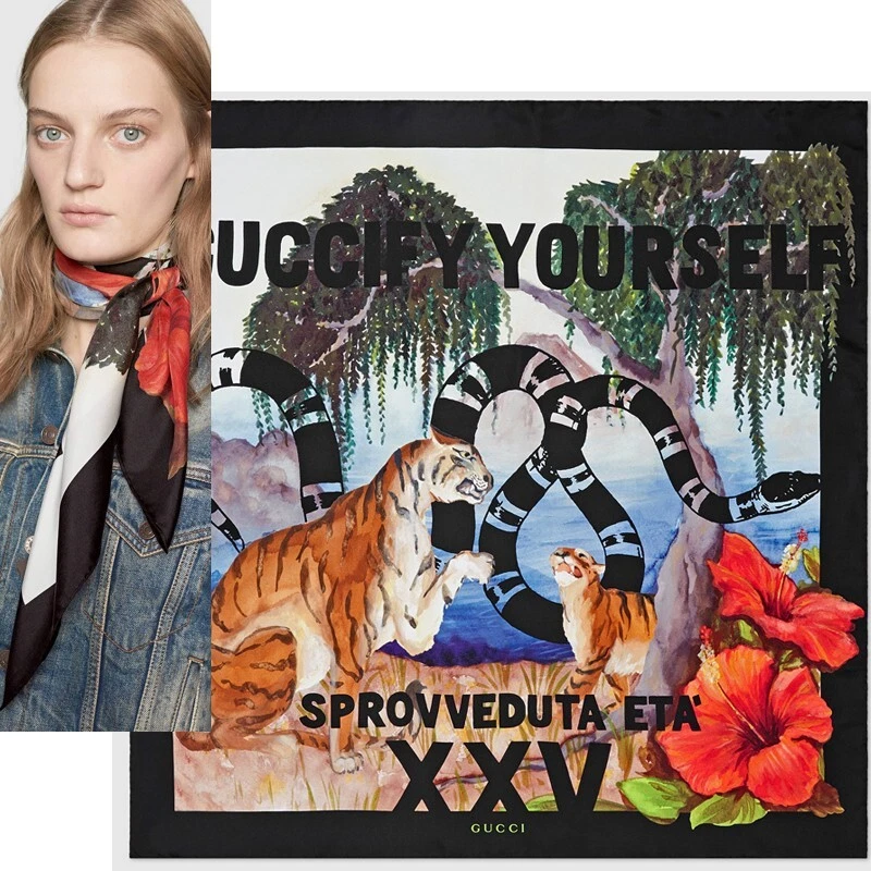 NEUF FOULARD GUCCI floral TIGRE KINGSNAKE LOGO imprimé hawaïen soie sergé 90 cm