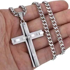 Stainless Steel Silver Double Cross Men Necklaces Pendants Chain, Great Gift