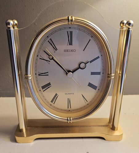 Vintage Seiko Mantle Desk Shelf Clock Made Japan Quartz Gold Clear Glass - Picture 1 of 9
