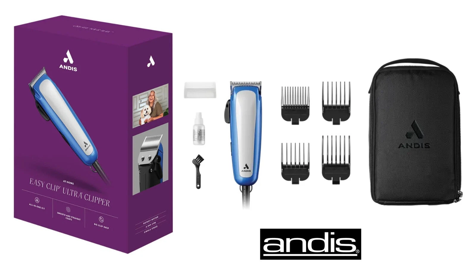 Andis ALL IN ONE 9 pc PET CLIPPER SET 4 Attachment GUIDE Combs,CASE,OIL DOG CAT