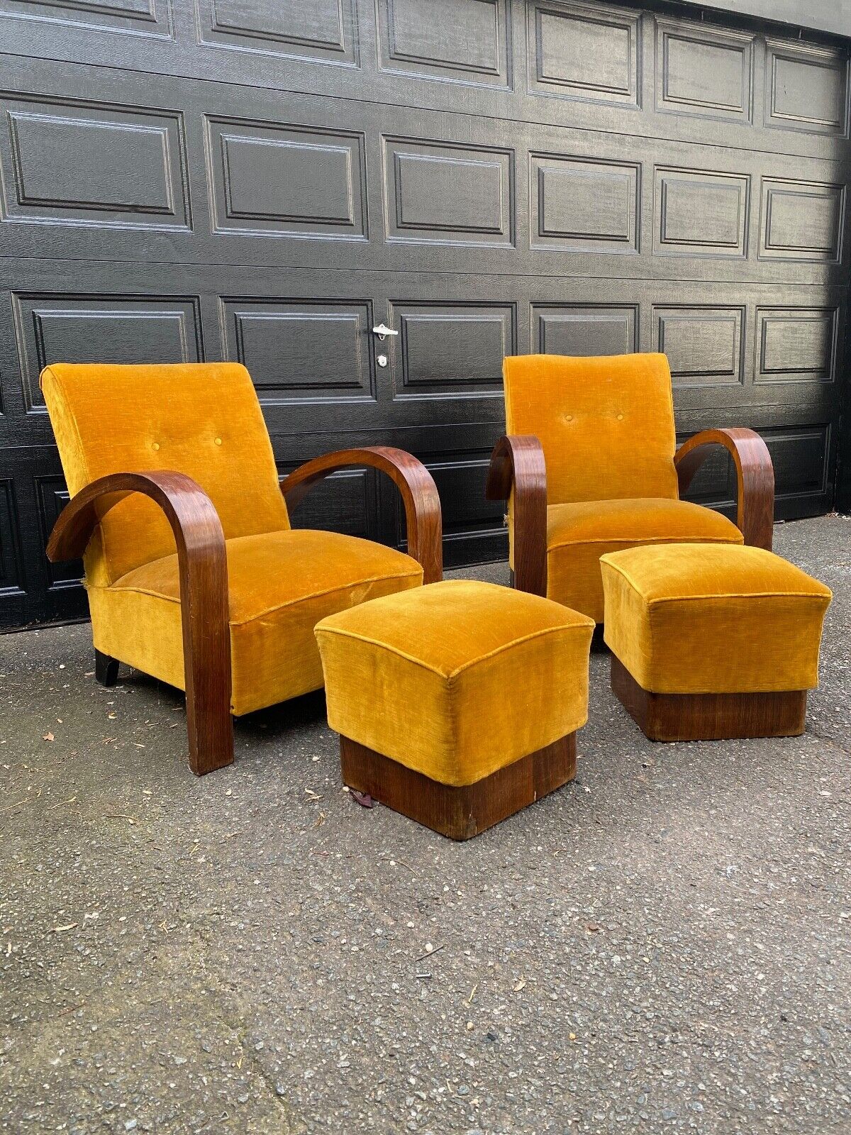 Pair Art Deco / Modern Armchairs and ottomans