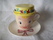 Rare Vintage 1960s M-G Lady Face Mug Hat Lid Saucer Ashtray Rare For Mom Only