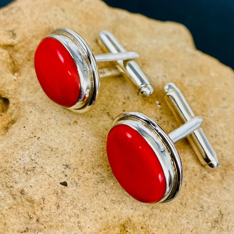 Винтажные запонки из красного коралла — безель из чистого серебра, овальный кабошон, мужские ювелирные изделия - Изображение 4 из 4
