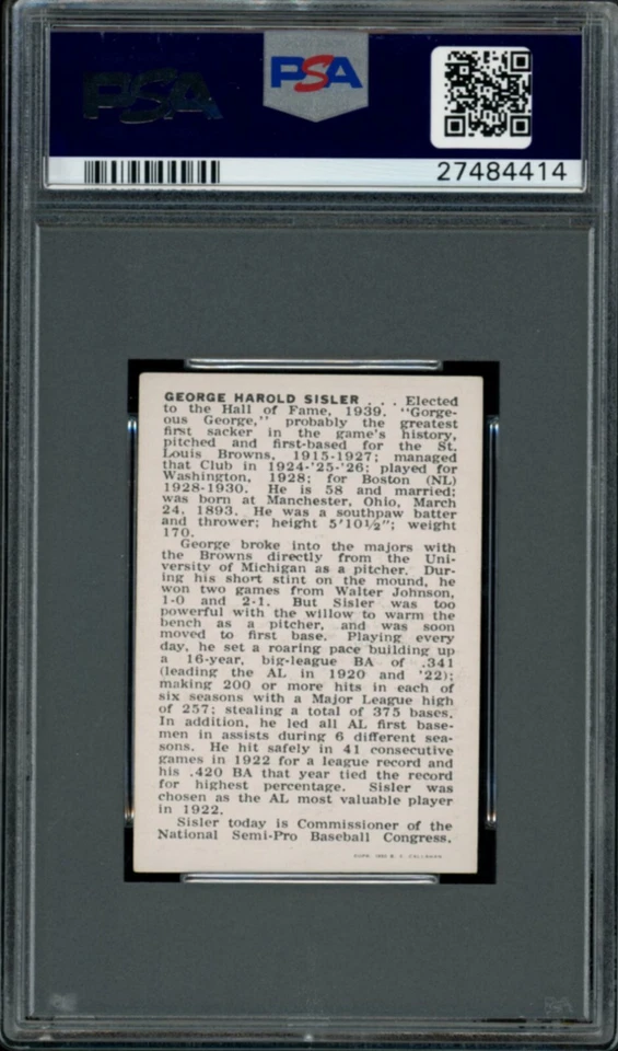 乔治·西斯勒 PSA 正品 1950 年卡拉汉名人堂 Sisler Today Is...C1 — 第 2/2 张图片