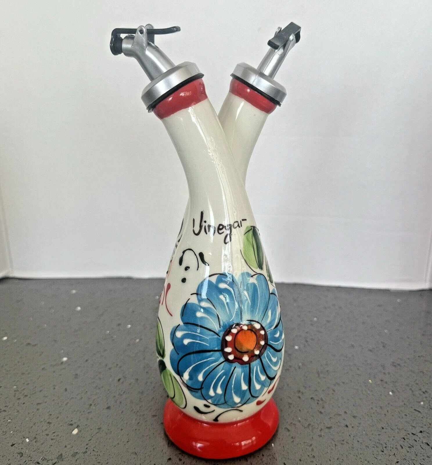 Andalusia Double Cruet Hand Painted Ceramic Oil & Vinegar Set 8.5" T Spain Q171