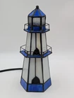 Vintage Tiffany Style Stained Glass Lighthouse Lamp Blue White Nautical 10"
